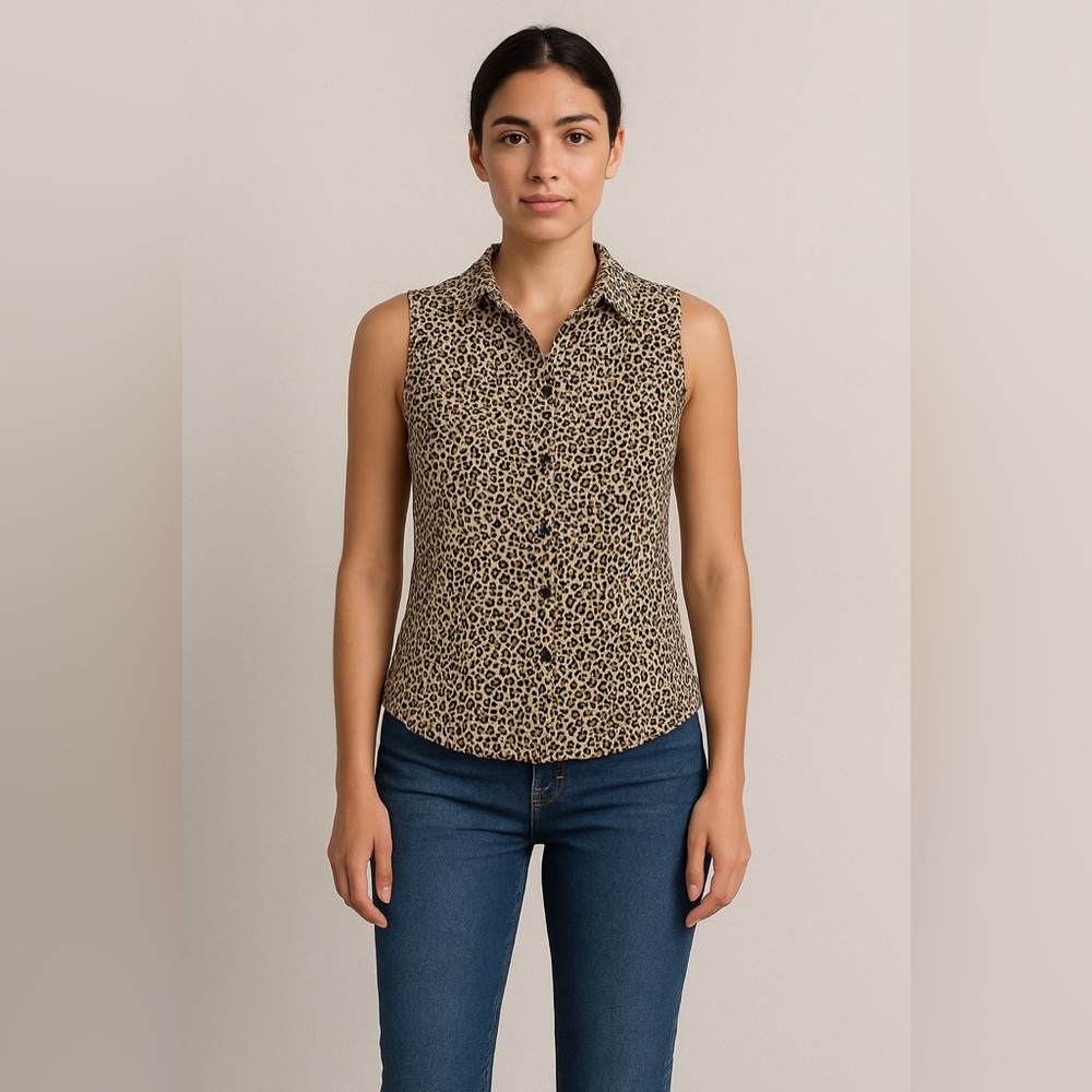 Vintage Leopard Print Button Down Tank with Collar Light Weight